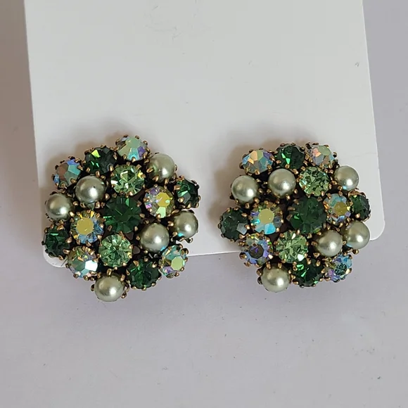 Vintage Mid Century Mod Gold Green Crystal AB Rhinestone Chunky Clip-On Earrings - Picture 7 of 9